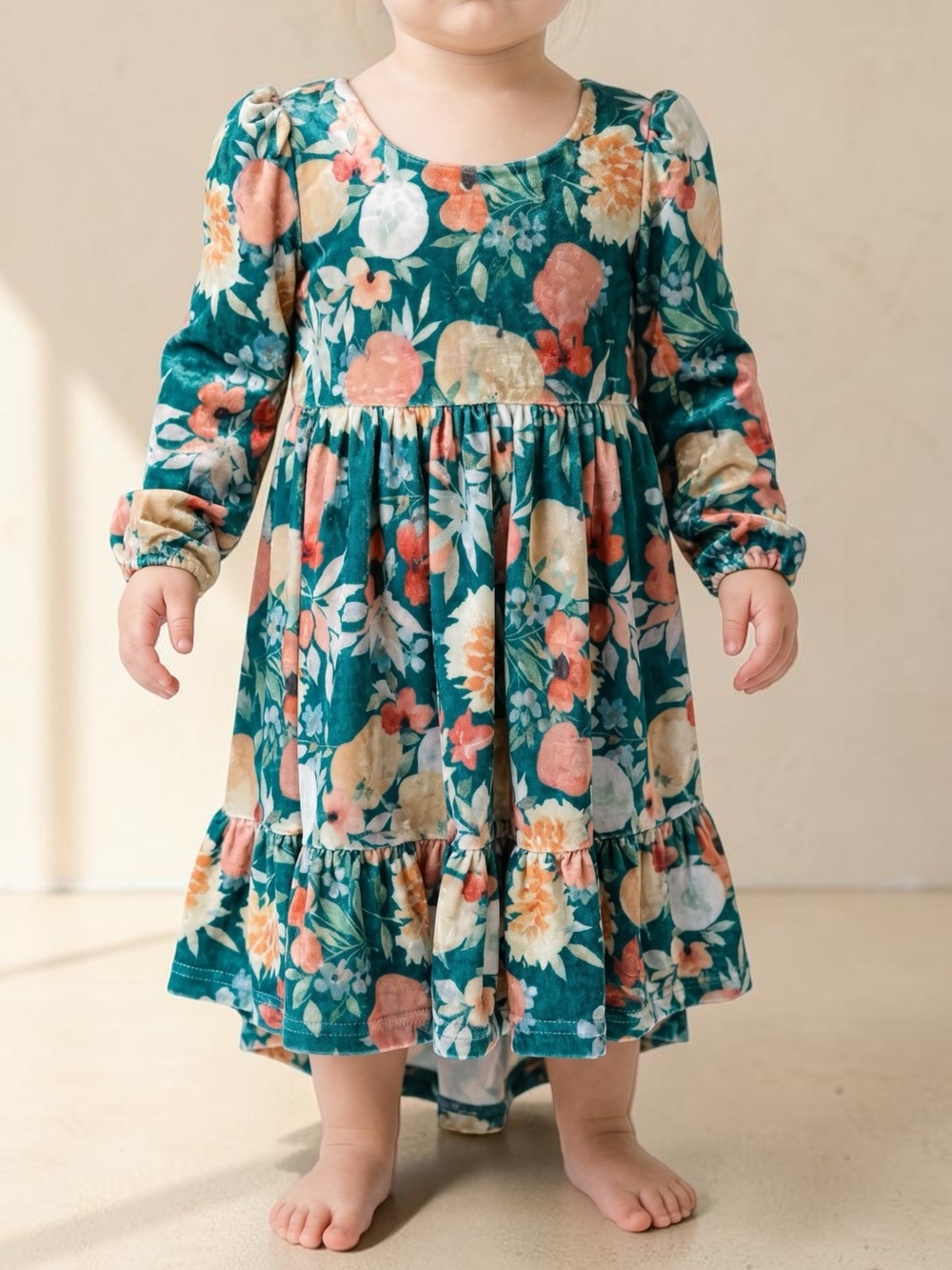 Eliza Grace Clothing Floral Velvet Teal and Peach Fruit & Floral Print Dress 3T